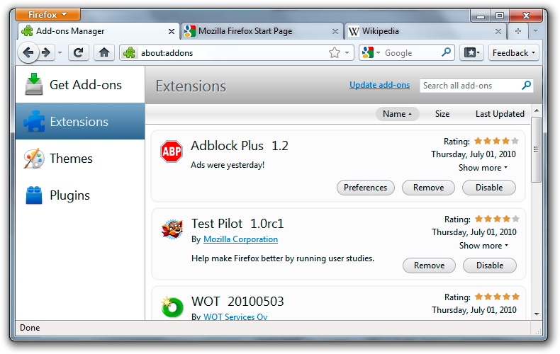 Add-ons Manager in Firefox 4 beta