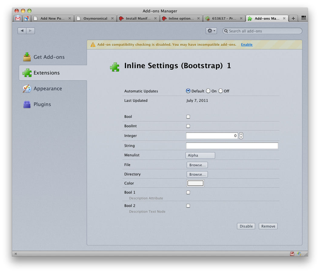 Inline preferences in the Add-ons Manager