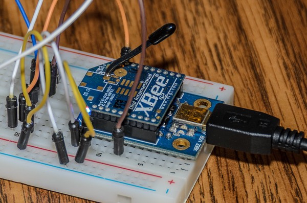 An Xbee module mounted on a breadboard