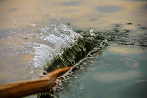 An oar has just been splashed into the water, The splash is in focs while the oar and the rest of the water is slightly blurred.